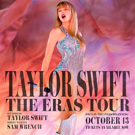 Sep 27, 2023 · Taylor Swift shared the good news on Instagram on Sept. 26, saying that the film version of her concert is coming to theaters worldwide on Oct 13. Taylor Swift: The Eras Tour will be released in more than 100 countries, including the Philippines. The concert film was recorded over the first three of six nights at SoFi Stadium in California. 